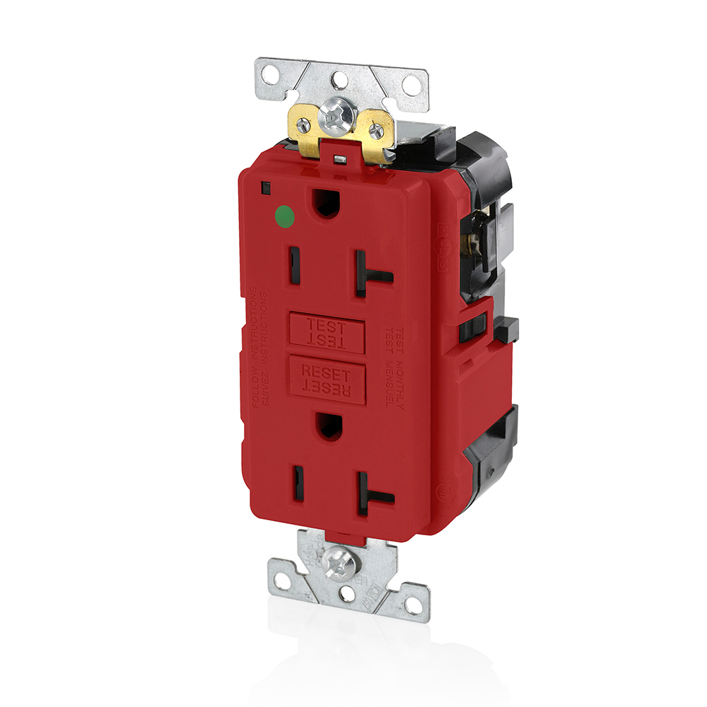 20 Amp, 125 Volt, SmartlockPro Slim Lev-Lok  Self-Test GFCI Receptacle, Extra-Heavy Duty Hospital Grade, 20A Feed-Through,NEMA 5-20R, 2P, 3W, Modular Terminals  RED