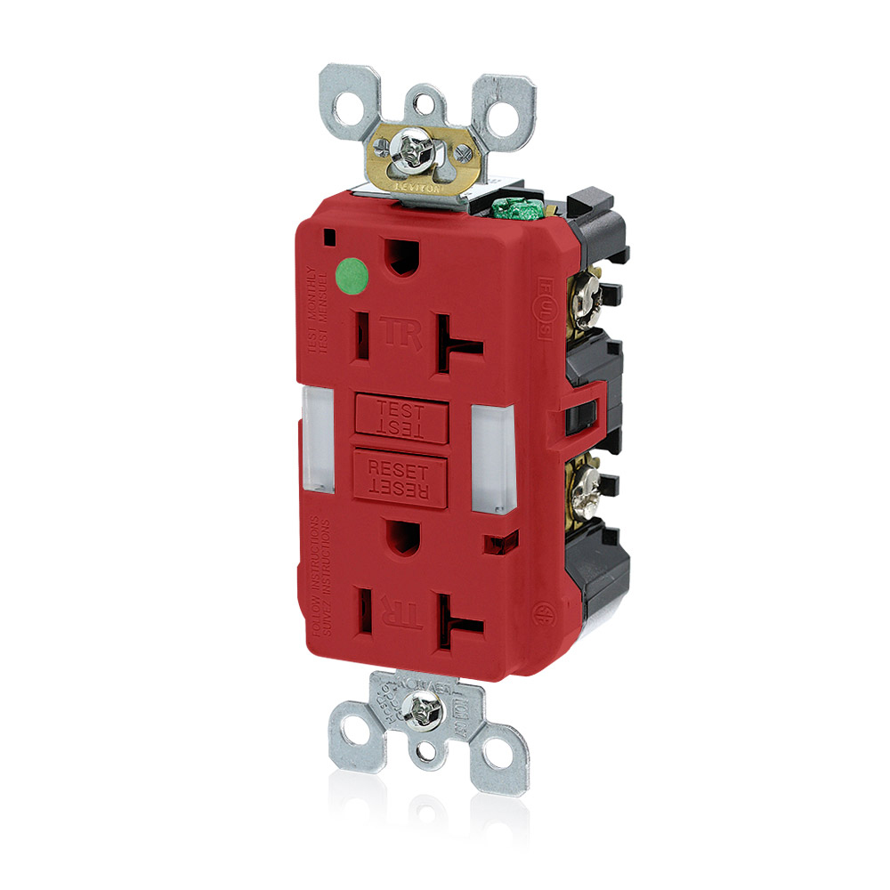 20 Amp, 125 Volt SmartlockPro Slim Guidelight Self-Test GFCI Receptacle, Hospital Grade, 20 Amp Feed-Through, Tamper-Resistant, Back & Side Wired, Wallplate Sold Separately - RED