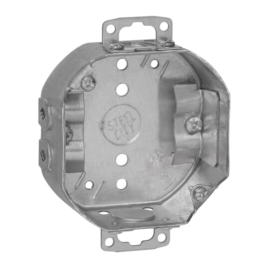 Octagon Box, 15.8 Cubic Inches, 4 Inch Diameter x 1-1/2 Inches Deep, 1/2 Inch Knockouts, Pre-Galvanized Steel, Drawn Construction, with Non-Metallic Cable Clamps (C-5) and Adjustable Ears, For use with Non-Metallic Sheathed Cable, pack of 30