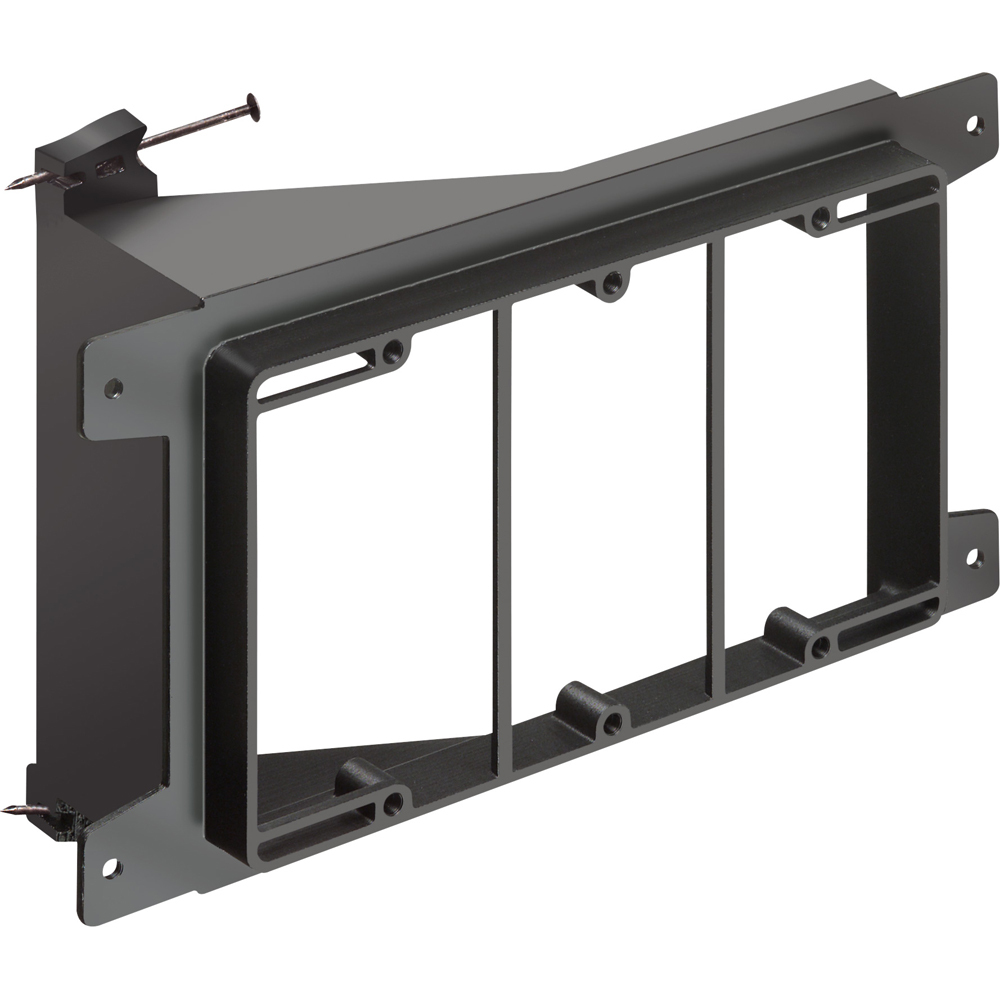 Nail on, Three gang, Low Voltage mounting bracket for new construction on wood studs. Built in loop to tie off cable.