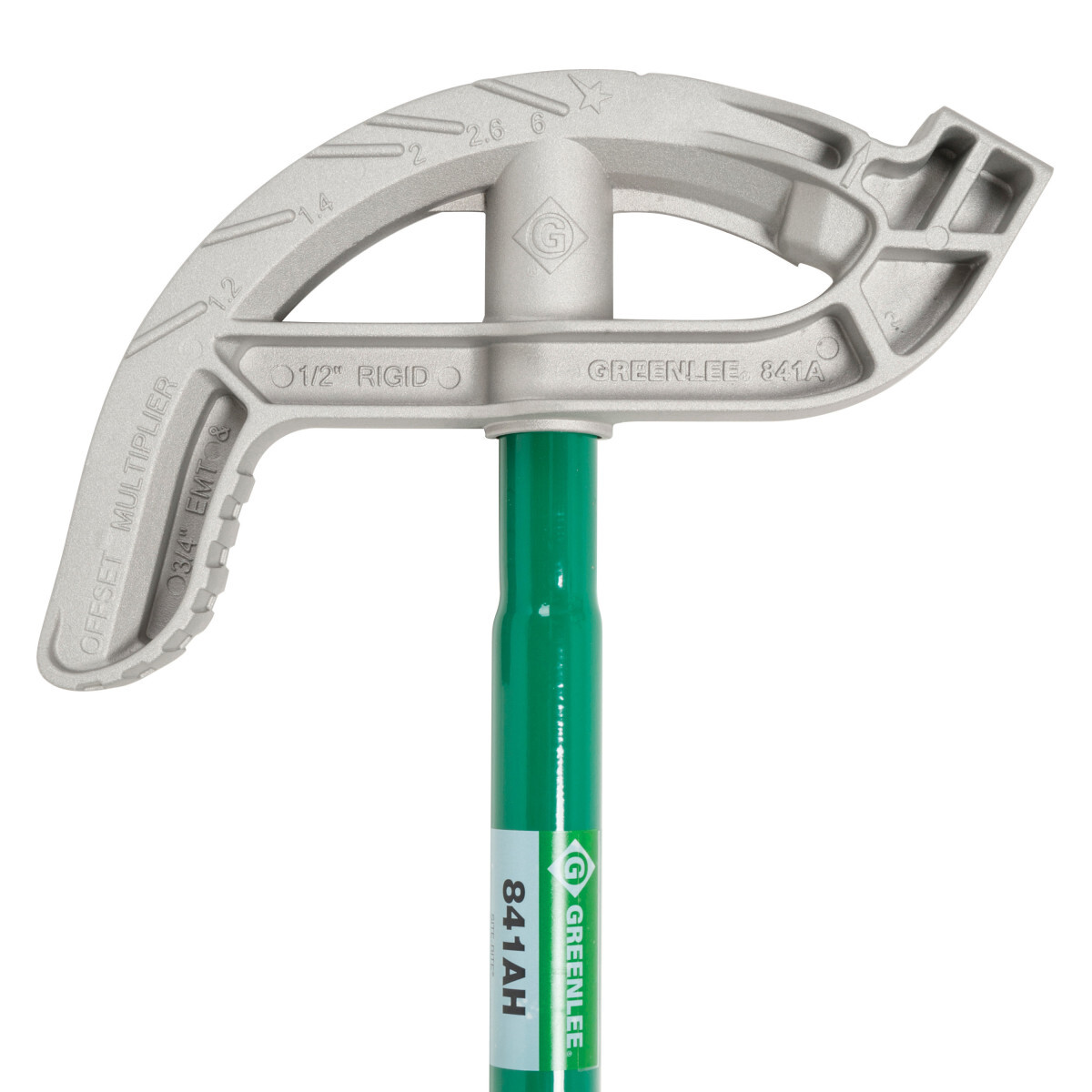 Site-Rite Aluminum Hand Bender Head with Handle for 3/4" EMT, 1/2" Rigid/IMC.  Sighting system featuring cast-in, readable markings on the bender heads and a finish that provides for the best visibility in low-light.  Strong, stable square hook design.  1-1/2" bender heads both offer the power pedal feature with a larger foot area on the head for greater control, stability and leverage.  Bender head has enlarged foot pedal and increased toe room to ensure greater control, stability and leverage.  Bender handle has a consistent diameter, offering a bigger grip area, while still straight up and down for fast 30 degree bends.  Lifetime Limited Warranty.