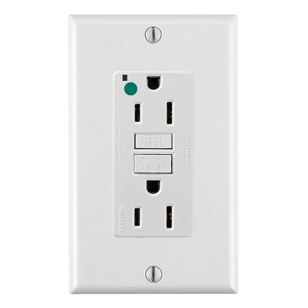 15 Amp, 125 Volt, SmartlockPro Slim Self-Test GFCI Receptacle, Extra-Heavy Duty Hospital Grade, NEMA 5-15R, 20A Feed-Through, 2P, 3W, Matching Wallplate Included - WHITE