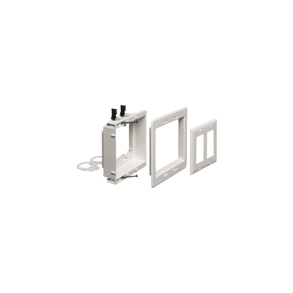Recessed low voltage mounting bracket for old or new construction. Designed to install low voltage class 2 wiring only. White Paintable. Two gang.