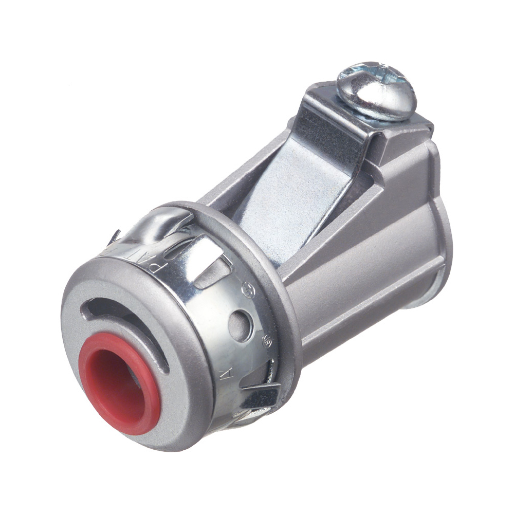 Zinc die-cast, 1/2" Knockout MC cable connector snaps quickly on to the conduit with a removable screw in spring steel clip and then snaps into knockout with external spring steel clip, no tools required. Concrete tight when taped. Red tinted internal clip indicates easier insertion of conduit and comes with Insulated throat.