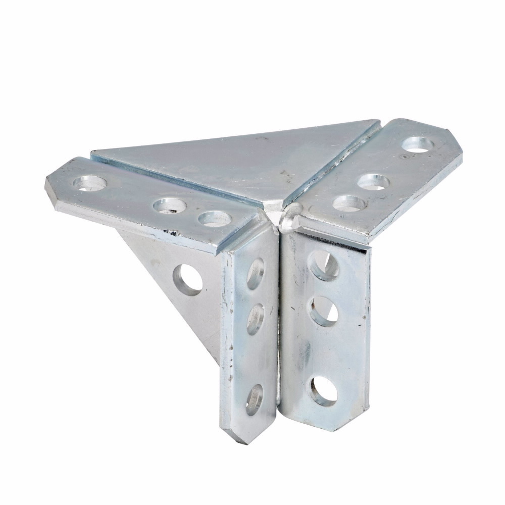 Eaton B-Line series corner gusset, 4" H x 4" L x 1.62" W, Steel, Electro-plated, Eight hole double corner gussetted connection