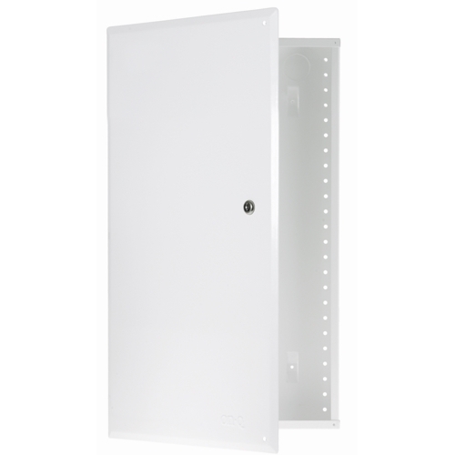 This 28" enclosure is the perfect solution for a basic structured wiring system. It features larger top openings that make pulling wire easier as well as additional knockouts, more side lances, and side tabs for more flexible mounting.  It includes a hing