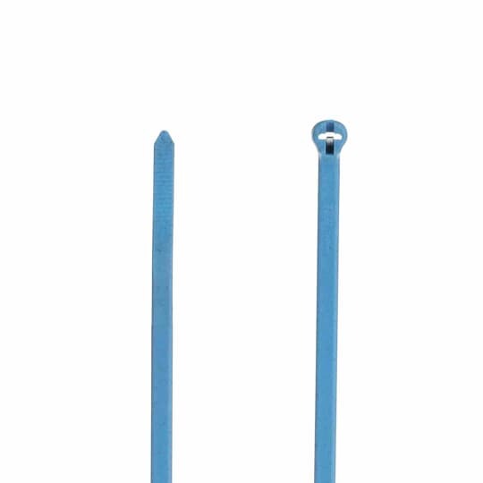 Detectable Cable Tie, Bright Blue Polyamide (Nylon 6.6) for Temperatures up to 85 Degrees Celsius (185 F) , Length of 186mm (7.31 Inches), Width of 4.70mm (0.19 Inch), Tensile Strength Rating of 222 Newtons (50 Pounds)