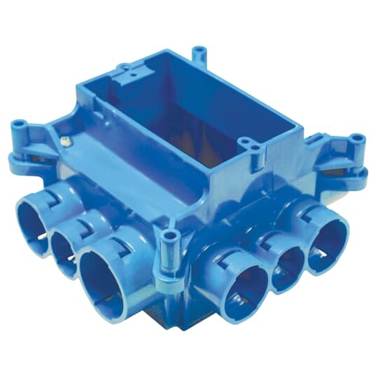 Non-metallic mud box with single gang ring and 12 integral connectors.  37.3 Cubic Inch Capacity.