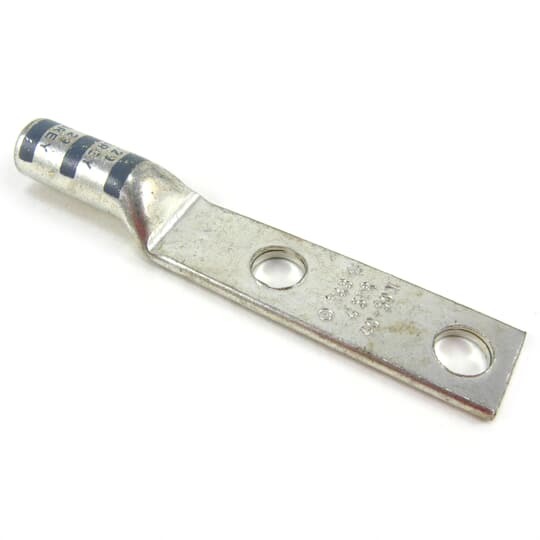 Copper Two-Hole Lug, Long Barrel, Blind End, Peep Hole, Max 35kV, Wire Size #4 AWG, 1/4 Inch Bolt Size, 3/4 Inch Hole Spacing, Tin Plated, Die Color Code Gray, Die Code 29