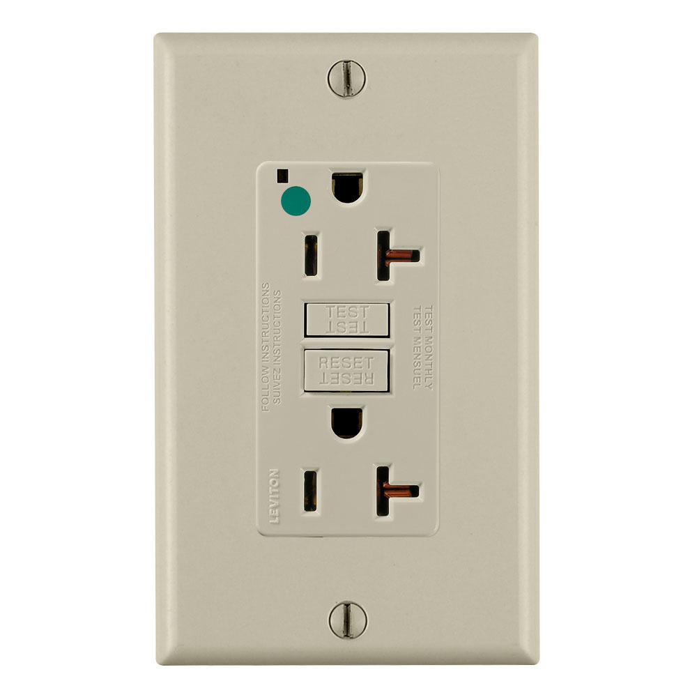 20 Amp, 125 Volt, SmartlockPro Slim Self-Test GFCI Receptacle, Extra-Heavy Duty Hospital Grade, NEMA 5-20R, 20A Feed-Through, 2P, 3W, Matching Wallplate Included - IVORY
