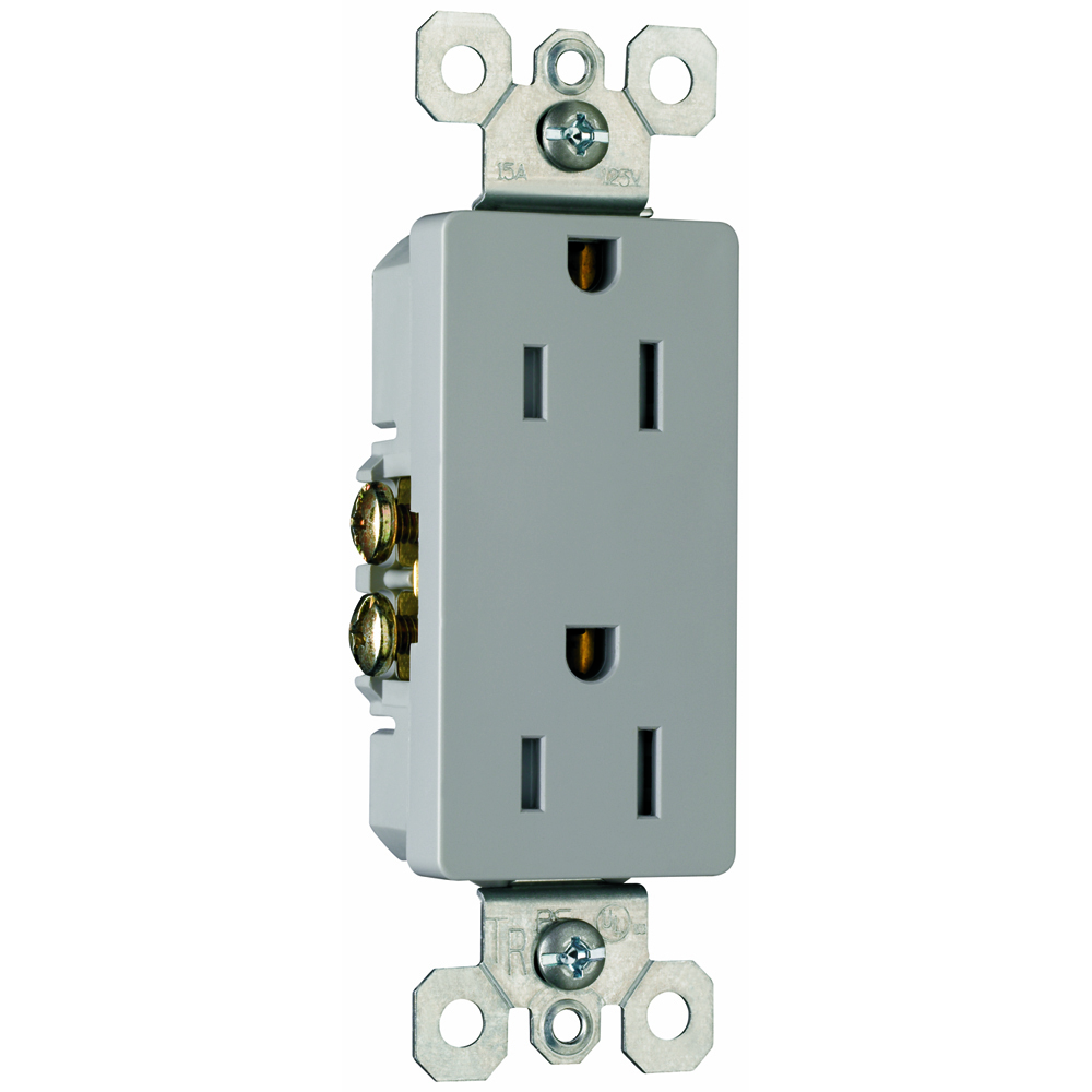 Decorator tamper-resistant receptacle. 15 amp, 125 volt, Gray.
