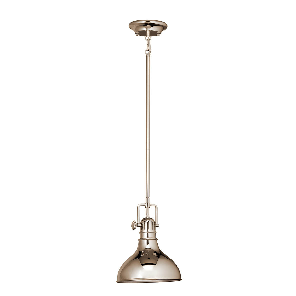 The Hatteras Bay(TM) 10.25in; 1 light mini pendant features a classic industrial look with its Polished Nickel finish. The Hatteras Bay mini pendant works in several aesthetic environments, including vintage industrial, traditional and transitional.