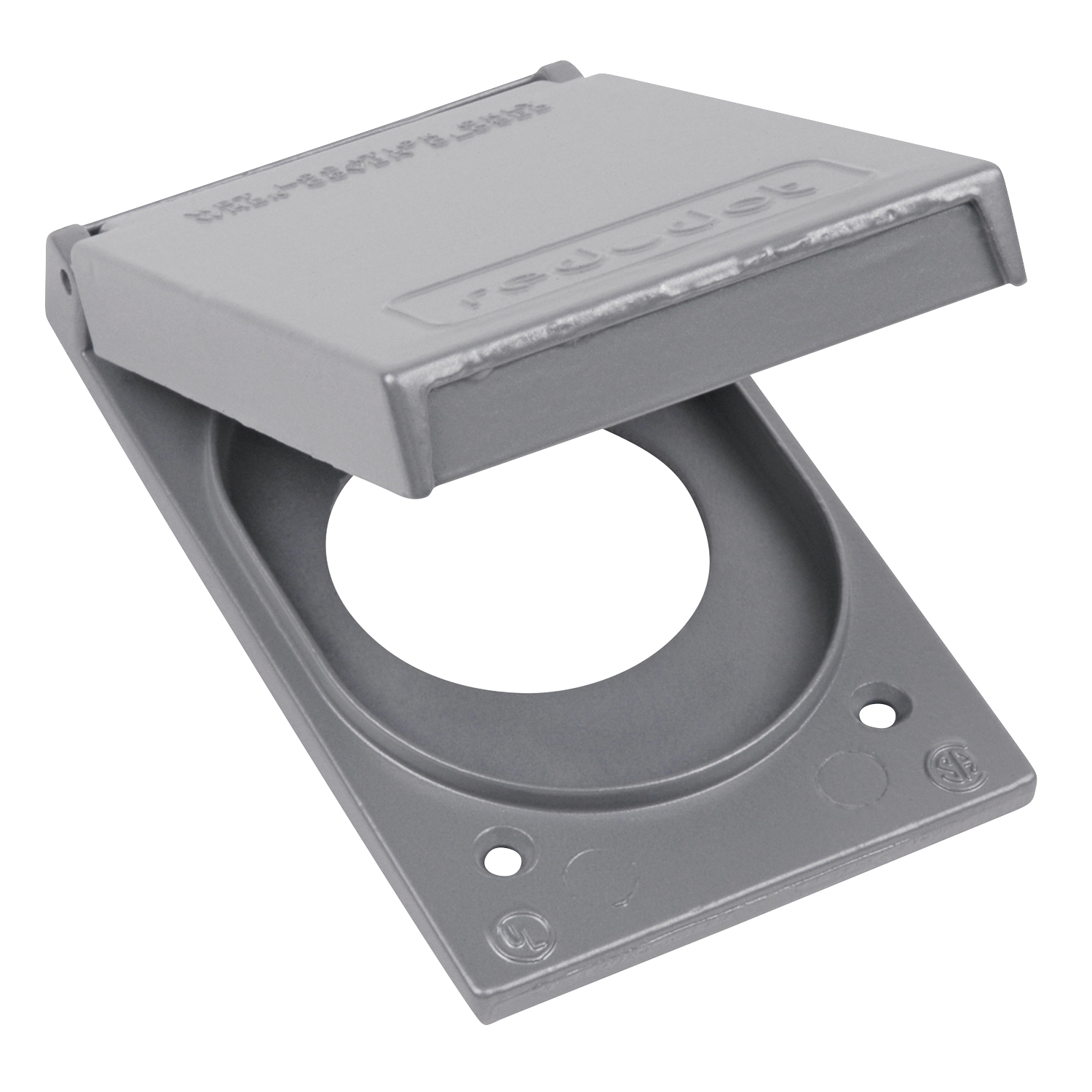 1 Gang Device Box Cover, Die Cast Aluminum, Single Receptacle Vertical, Box Mount, Nominal Size 2-1/8 Inch, Maximum Device Face Diameter 2.145 Inch, Gasket and Screws Included with Cover