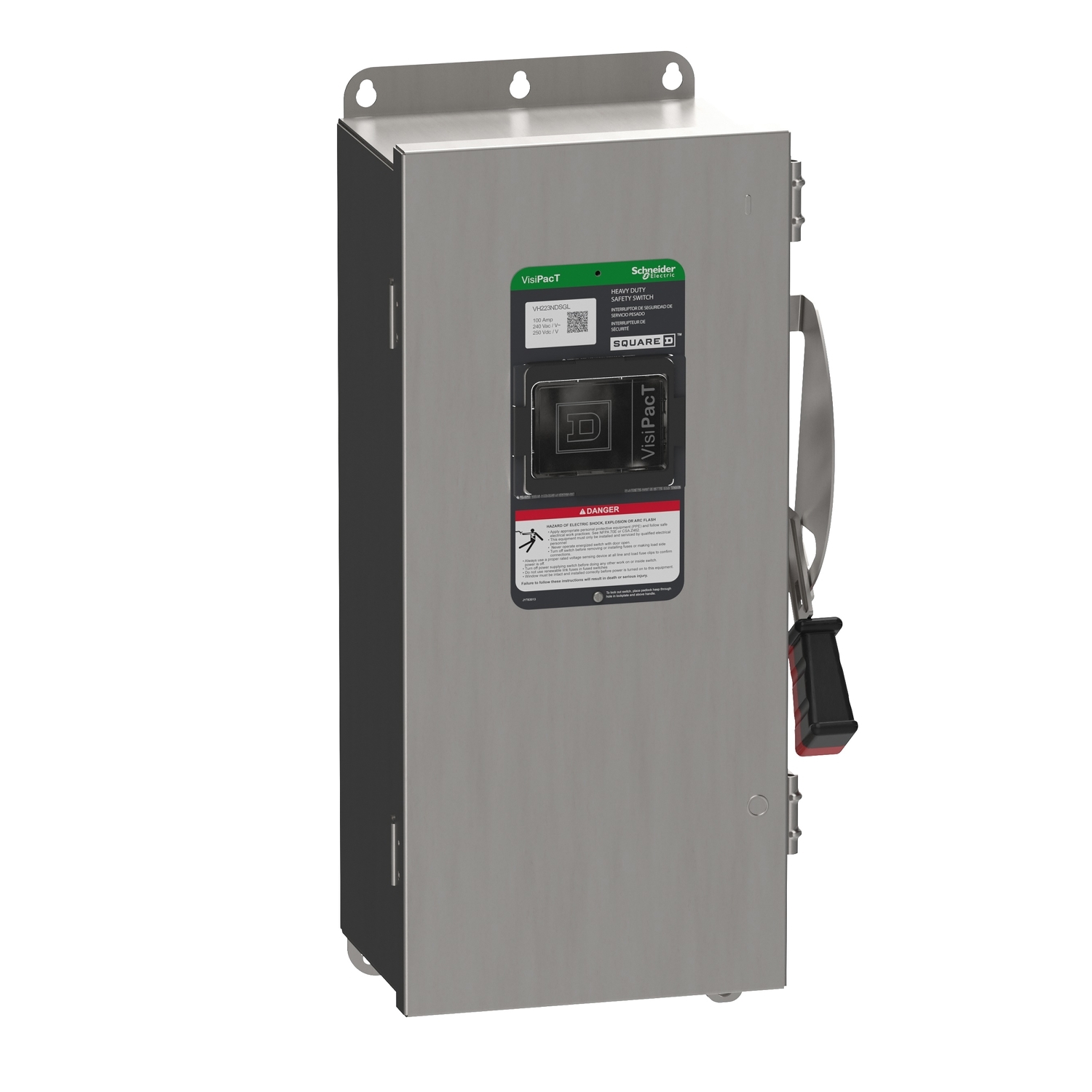 Safety switch, VisiPacT, heavy duty, fused, viewing window, NEMA 4X, 240V, 100A, 2 pole, neutral installed, ground lugs