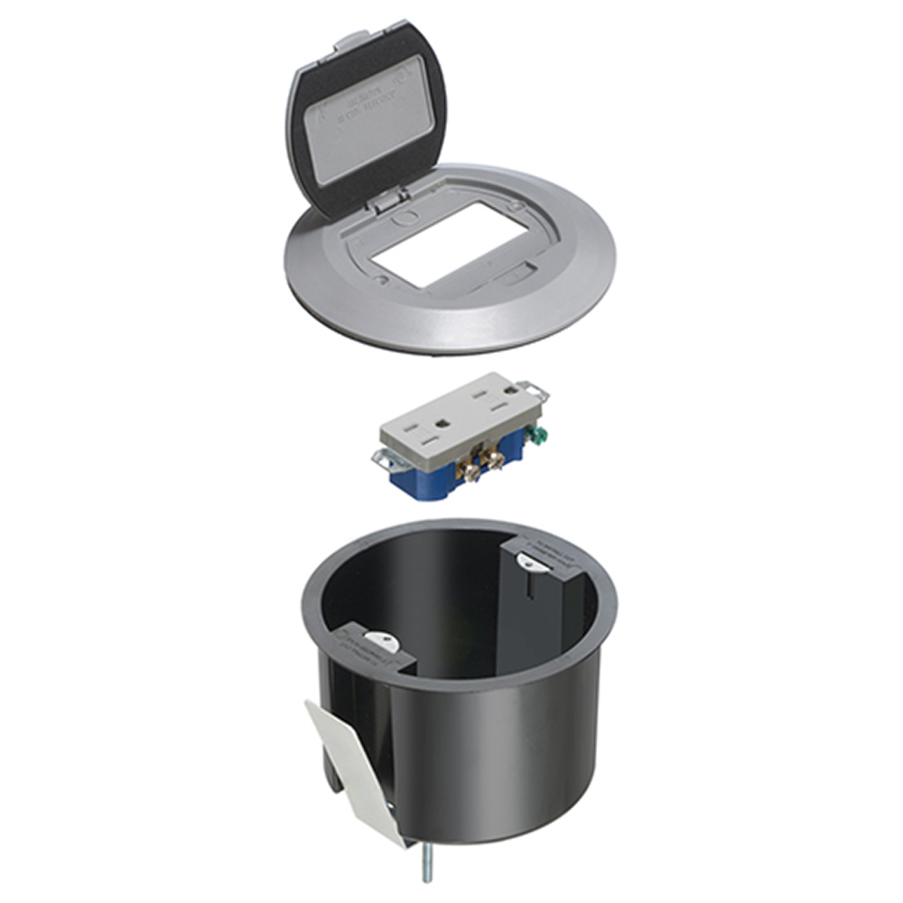 One piece non metallic box with steel bracket and plastic cover. Color Gray. Comes with decorator style receptacle and a single flip lid.