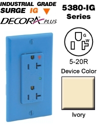 20 Amp, 125 Volt, Decora Plus Duplex Surge Suppressor Receptacle, Straight Blade, Industrial Grade, Isolated Ground, Surge with Indicator Light, Ivory