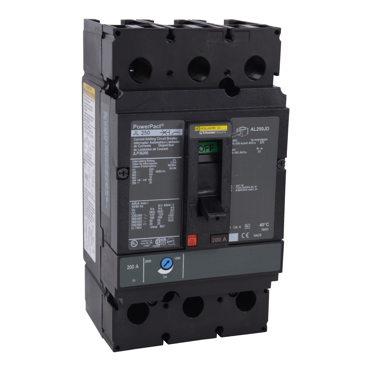 Circuit breaker, PowerPacT J, 200A, 3 pole, 600VAC, 50kA, lugs, thermal magnetic, 80%