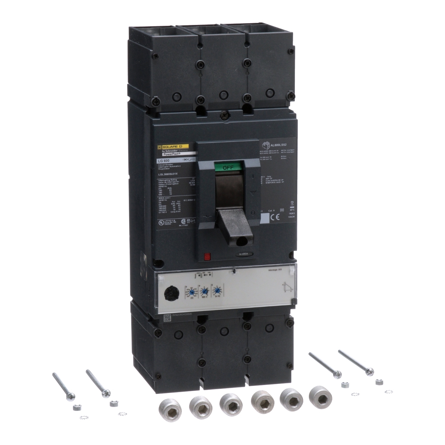 Circuit breaker, PowerPacT L, 600A, 3 pole, 600VAC, 18kA, lugs, MicroLogic 3.3, 80%