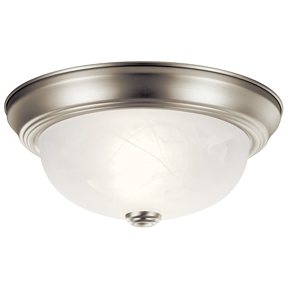 With just the right amount of added detail, this flush mount ceiling fixture provides not only the light you need, but the form as well.  A pleasing, yet unobtrusive look for any room where a functional light is needed. Alabaster swirl glass and Brushed Nickel finish. 2 light. 60 watt max. Diameter 11in;, height 6in;.