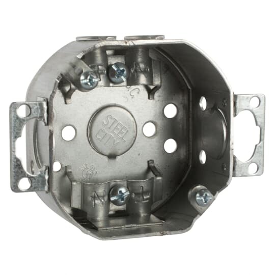 Octagon Box, 11.8 Cubic Inches, 3-1/2 Inch Diameter, 1-1/2 Inch Deep, 1/2 Inch Knockouts, Galvanized Steel, Flat Bracket Offset 1/2 Inch from Face, Non-Metallic Cable Clamps (LC), Two Ears, One on Each of Two Opposite Sides