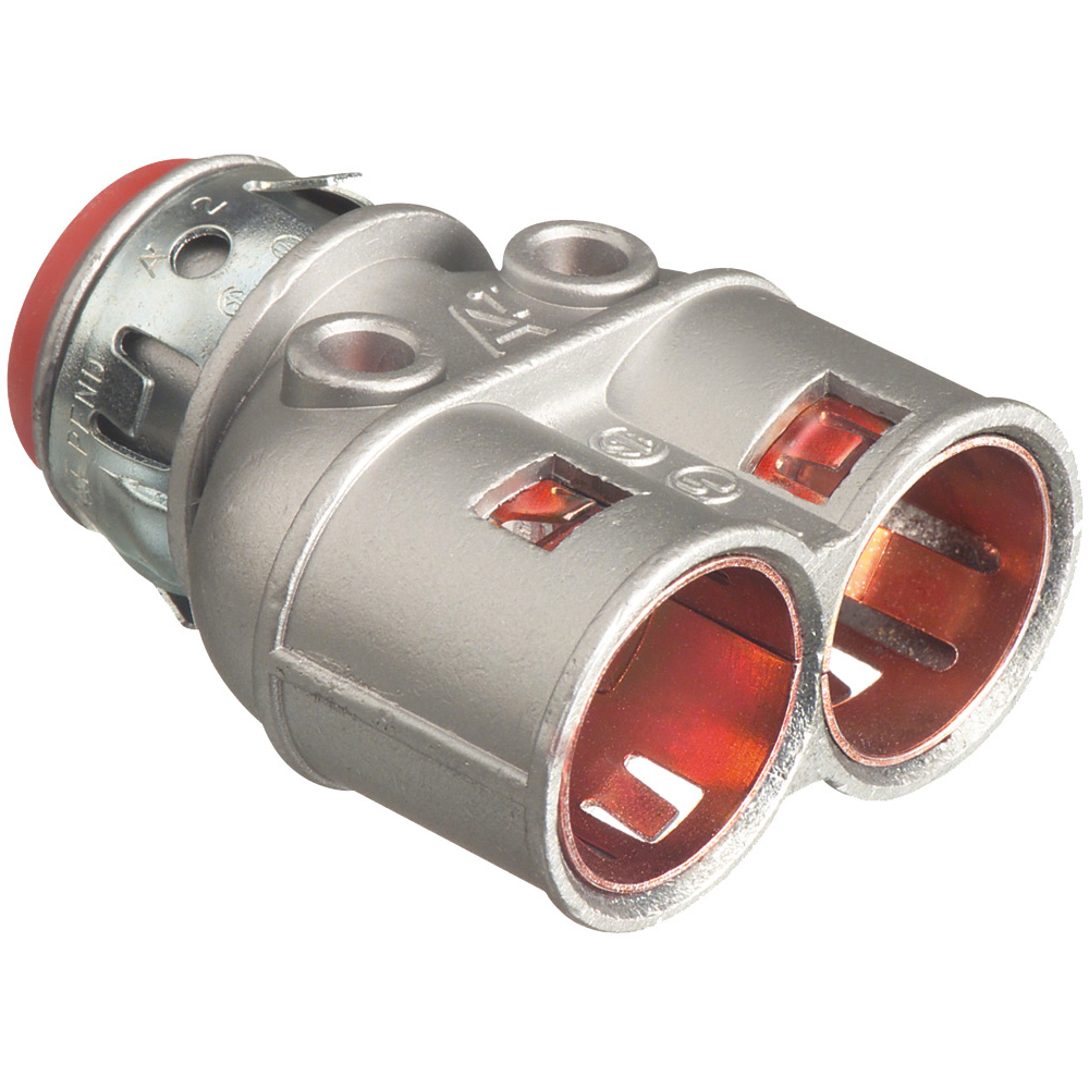 Duplex zinc die-cast, 1/2" Knockout MC cable connector snaps quickly on to the conduit with an internal spring steel clip and then snaps into knockout with external spring steel clip, no tools required. Concrete tight when taped. Red tinted internal clip indicates easier insertion of conduit and comes with Insulated throat.