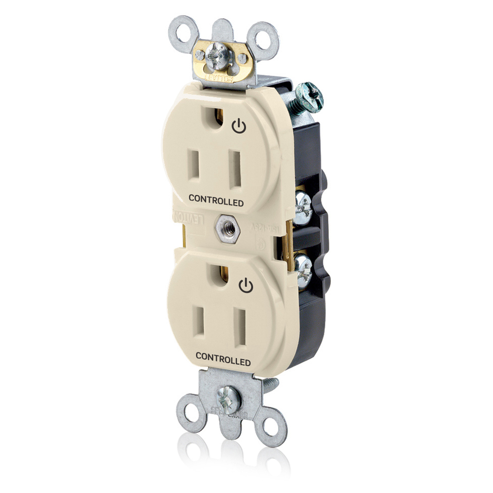 Duplex Receptacle Narrow Body Design. 2-pole 3-wire. Nema 5-15R. 15A-125V. Flat Face. Back And Sidewired. Industrial Spec Grade, Self Grounding. 2 Plugs Controlled Markings - Light Almond