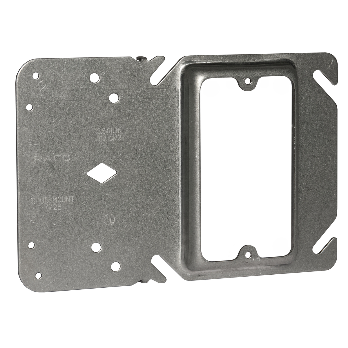 RACO 4 in. square stud-mount mud rings provide secure support for 4 in.square boxes. The built-in mud ring is drawn and raised 1/2 in. forsingle device.