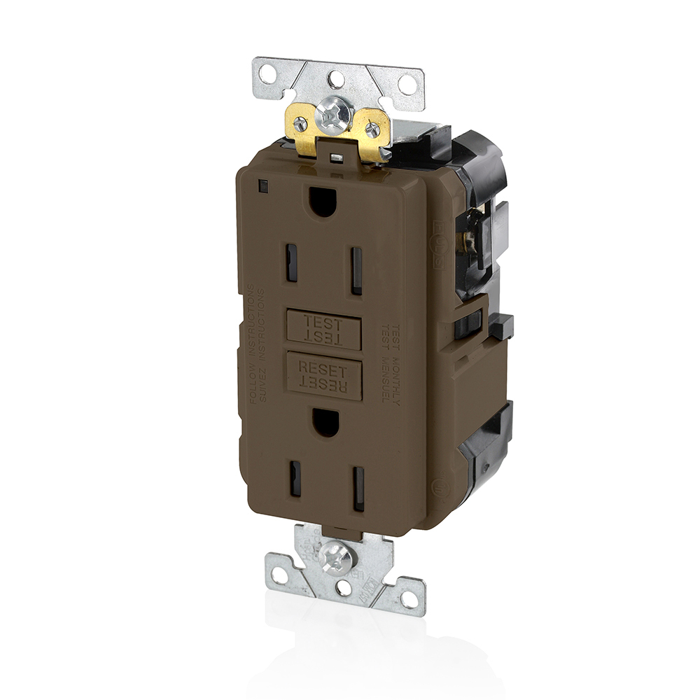 15 Amp, 125 Volt, SmartlockPro Slim Lev-Lok GFCI Self-Test Receptacle, Extra-Heavy Duty Industrial Grade, 20A Feed-Through,NEMA 5-15R, 2P, 3W, Modular Terminals  BROWN