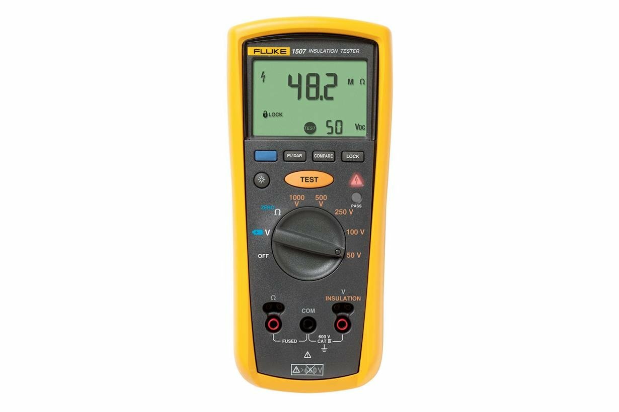 The Fluke 1507 Insulation Tester is compact, rugged, reliable, and easy to use. With its multiple test voltages, it is ideal for many troubleshooting, commissioning, and preventative maintenance applications. Additional features, such as the remote probe on this tool, saves both time and money when performing tests. Insulation test range: 0.01 MO to 10 GO, Insulation test voltages: 50 V, 100 V, 250 V, 500 V, 1000 V.