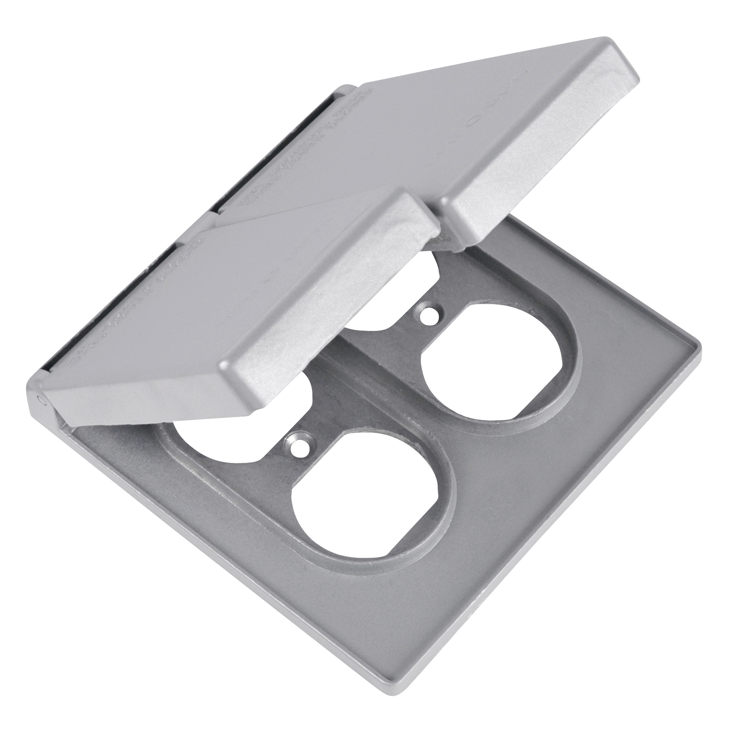 2 Gang Device Box Cover, Die Cast Aluminum, Duplex Receptacle Cover with 2 Spring Doors, Device Mount, Raintight When Used with Appropriate Box, Gasket and Screws Included with Cover