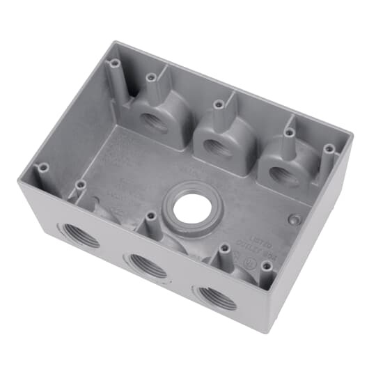 Three Gang Deep Universal Weatherproof Box, 54.8 Cubic Inches, Hub Size 1 Inch, Silver, Aluminum, 7 Outlets with 3 on Top and Bottom and 1 on Back