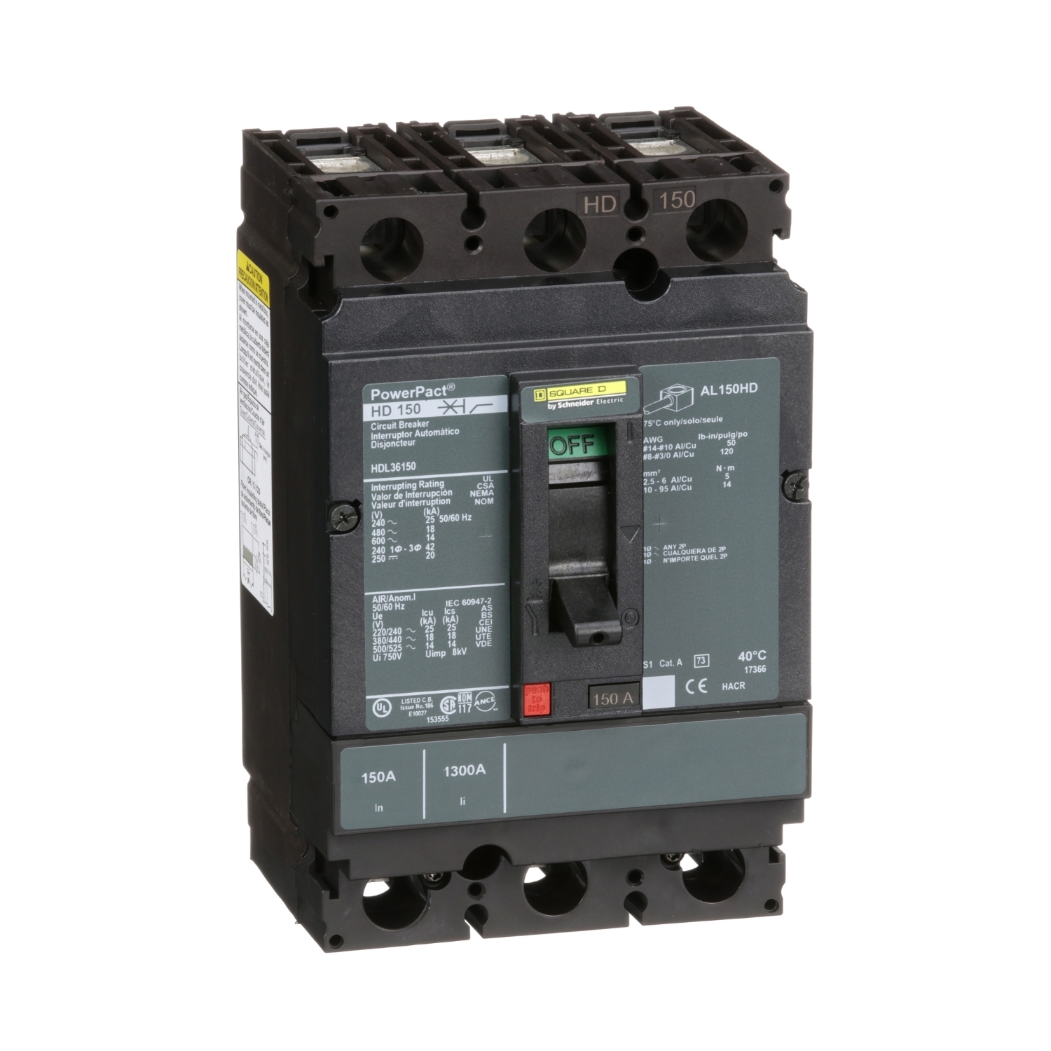 Circuit breaker, PowerPacT H, 150A, 3 pole, 600VAC, 14kA, lugs, thermal magnetic, 80%