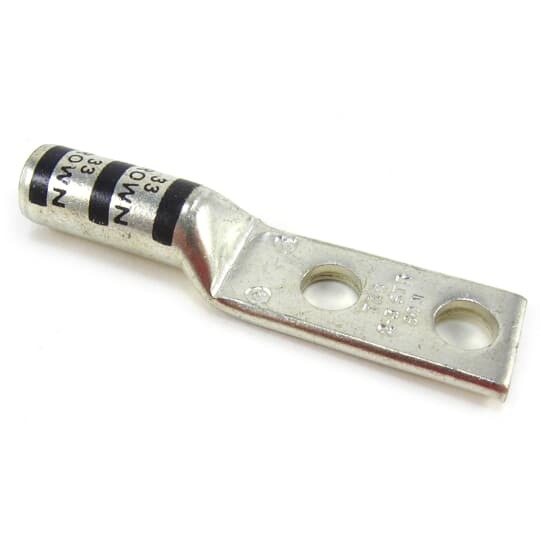 Copper Two-Hole Lug, Long Barrel, Blind End, Peep Hole, Max 35kV, Wire Size #2-3 AWG, 1/4 Inch Bolt Size, 3/4 Inch Hole Spacing, Tin Plated, Die Color Code Brown, Die Code 33