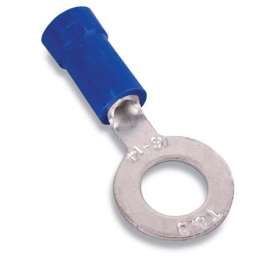 Vinyl-Insulated Ring Terminal, Length .97 Inches, Width .31 Inches, Maximum Insulation .200, Bolt Hole #8, Wire Range #18-#14 AWG, Color Blue, Copper, Tin Plated