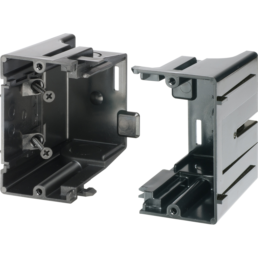 Gangable plastic box 2-gang. Screw on for retrofit or new construction.