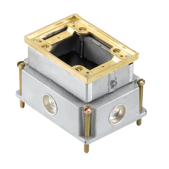 Single Gang Flush Service Floor Box, 35 Cubic Inches, Length 5-1/2 Inches, Width 4 Inches, Depth 3-5/8 Inches, 3/4 Inch Conduit Hubs, Cast Iron