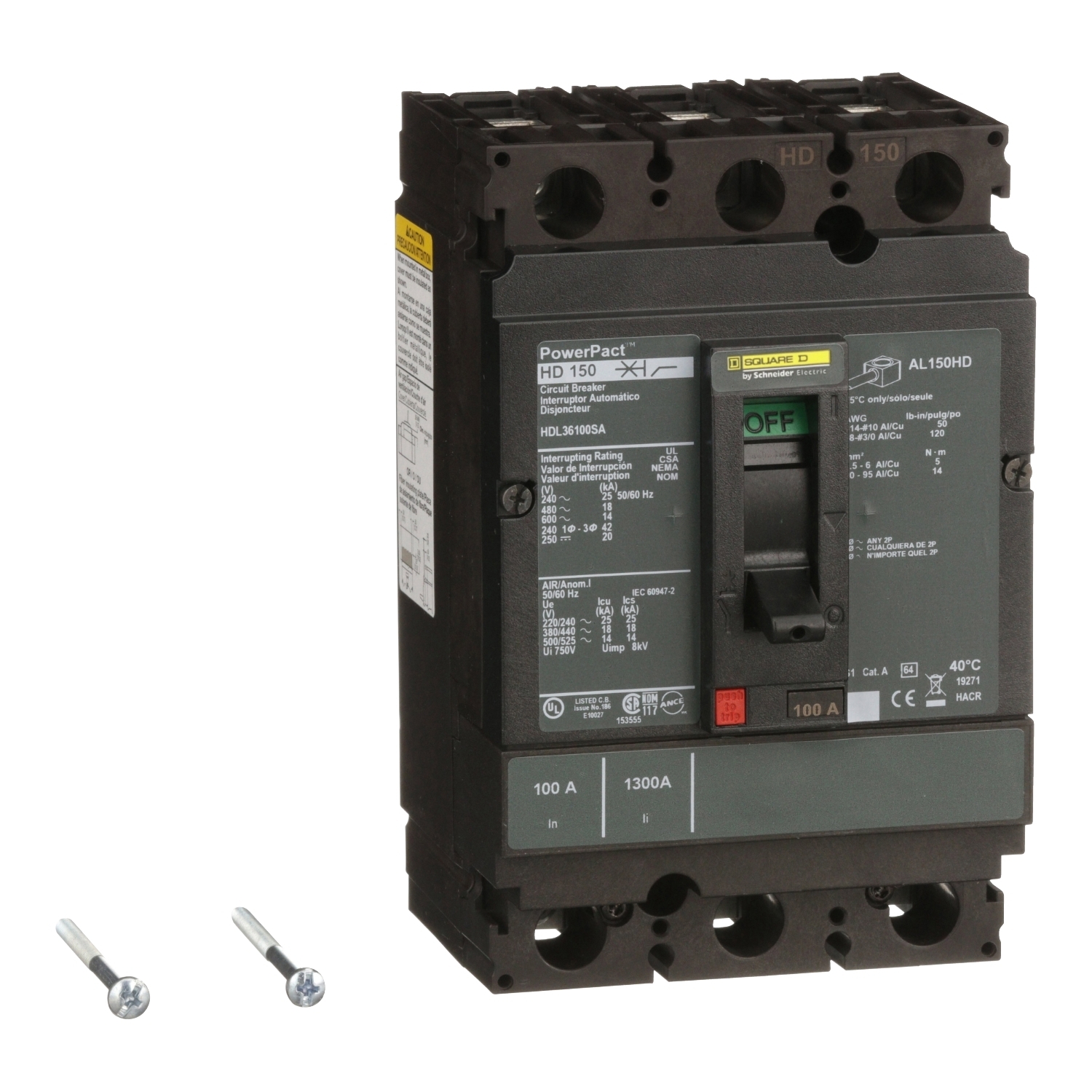 Circuit breaker, PowerPacT H, 100A, 3 pole, 600VAC, 14kA, lugs, thermal magnetic, 80%, shunt