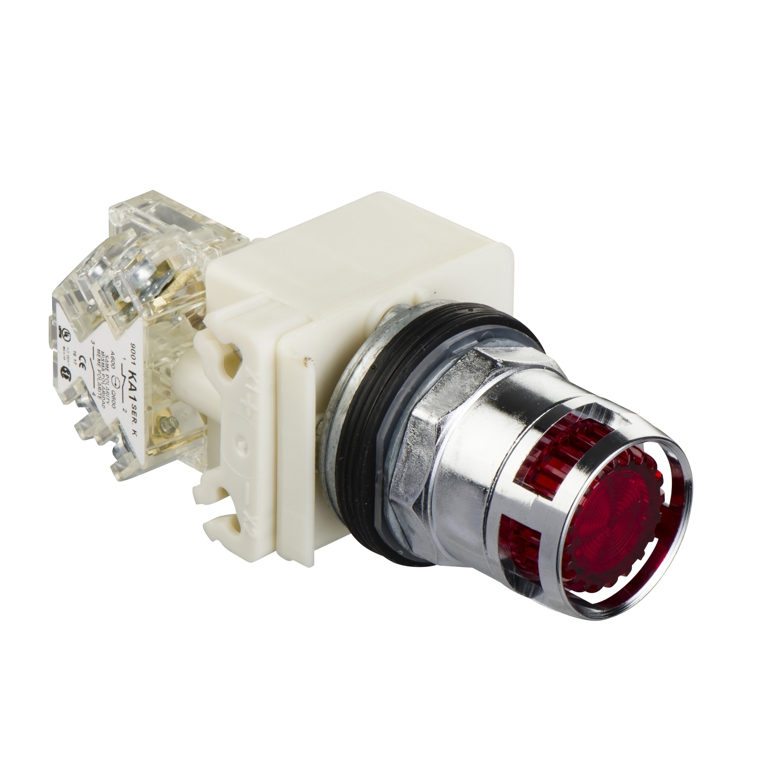 Illuminated push-button, Harmony 9001K, metal, metal guard flush, red, 30mm, spring return, 24-28V, 1 C/O