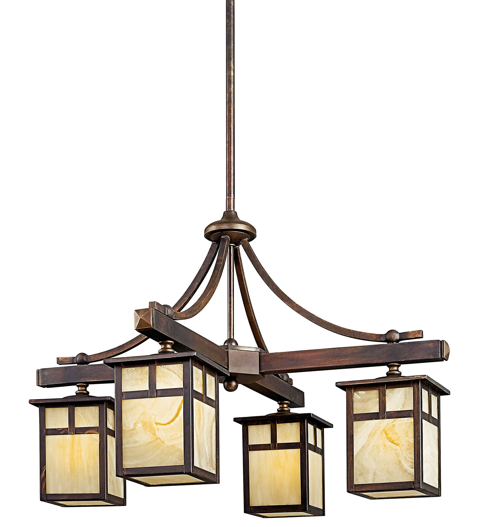This 4 light outdoor chandelier from the Alameda(TM) collection will bring a cozy, down-to-earth design to your outerdacor. A classic lantern shape, this fixture features a distinctive Canyon View(TM) finish and luminous Honey Opalescent Glass.