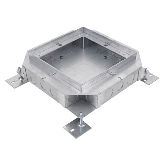 Four Gang Recessed Service Floor Box, 128 Cubic Inches, 13 Inches Square, Depth 3 Inches, Galvanized Steel, 3/4 Inch 1 Inch and 1-1/4 Inch Knockouts, Delivers Power, Communications and Data from Standard Conduit with No Exposed Service Fittings