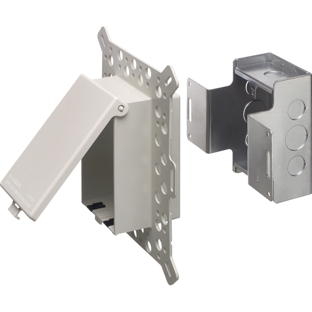 Low Profile Inbox with metal box for new construction for stucco, textured and rigid siding. Vertical with weatherproof while in use. Extra Duty white paintable cover.