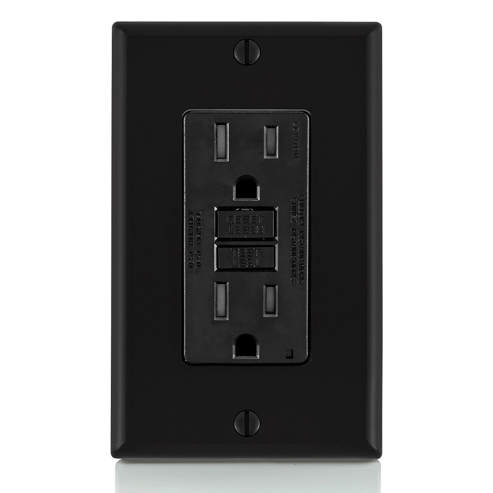 Self-Test Slim Tamper Resistant GFCI Receptacle. Nema 5-15R 15A-125V At Receptacle, 20A-125V Feed-through. Lighted - Black With Black Test And Reset Button.