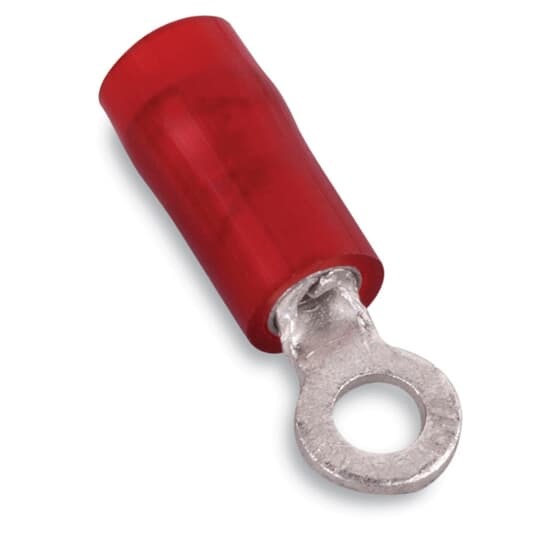 Nylon Insulated Ring Terminal, Length 1.10 Inches, Width .46 Inches, Maximum Insulation .136, Bolt Hole 1/4 Inch, Wire Range #22-#16 AWG, Color Red, Tin Plated