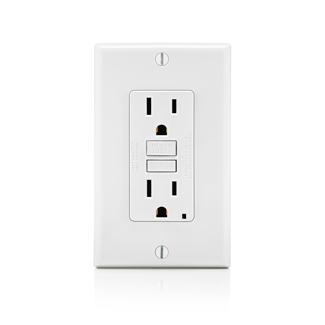 15 Amp, 125 Volt Receptacle/Outlet, 20 Amp Feed-Through, Self-test SmartLock Pro Slim GFCI, monochromatic, back and side wired, nylon wallplate/faceplate and self grounding clip included, NAFTA Compliant - White