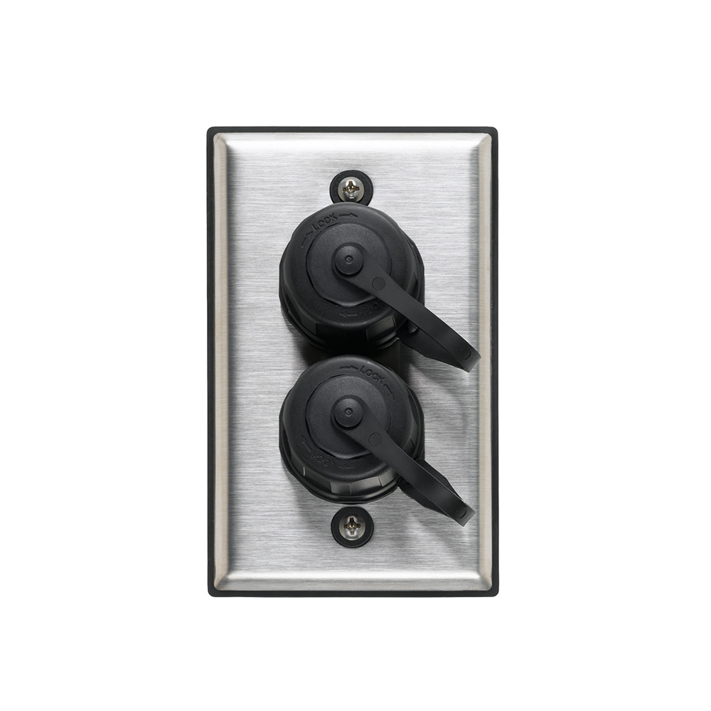 DuraPort Industrial Outlet Kit, single gang, 2-port.  Includes stainless steel wallplate with connector housing and cap.  QuickPort connector not included.
