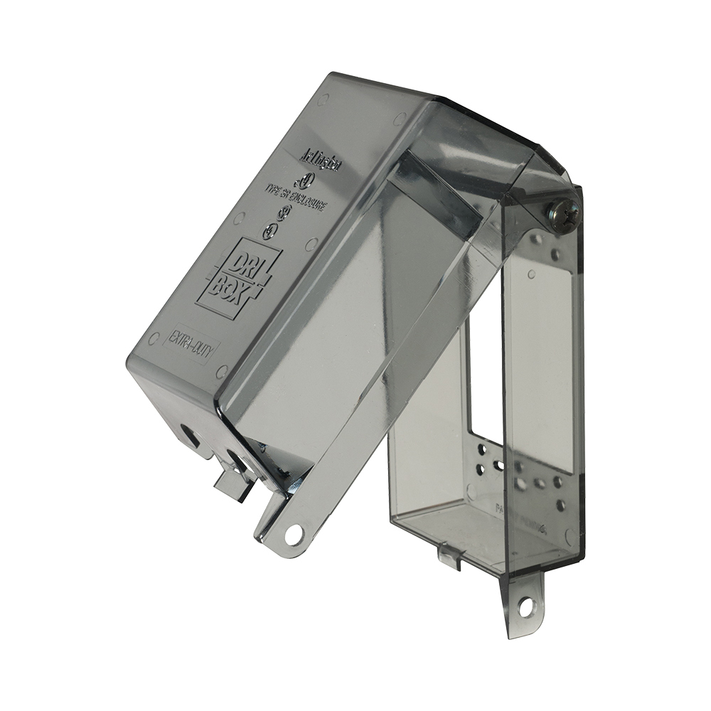 Drybox adapter with non metallic cover and base. Two gang. Vertical clear cover. Depth 2.9".