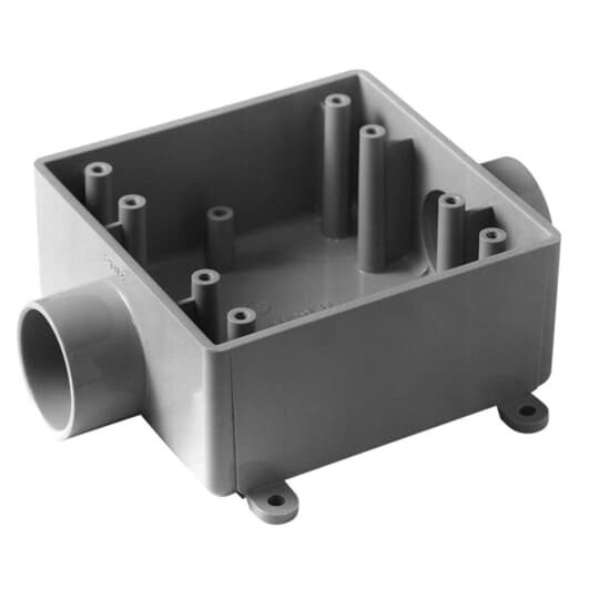 Two Gang 2FSC Box, Volume 32 Cubic Inches, Length 4.620 Inches, Width 4.620 Inches, Depth 1.980 Inches, Conduit Size 3/4 Inch, 2 Hubs, Material PVC, Color Gray, Pack of 10