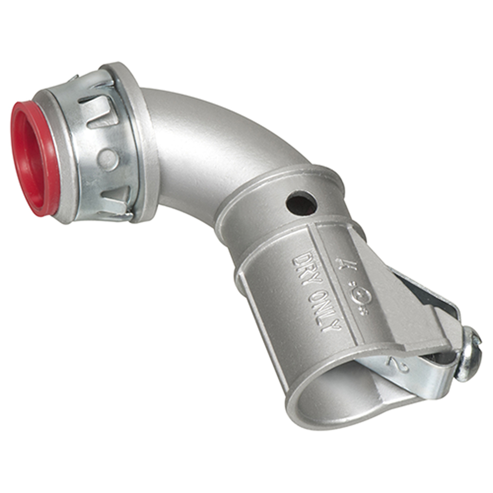 Zinc die-cast, 1/2" Knockout MC cable connector snaps quickly on to the conduit with a removable screw in spring steel clip and then snaps into knockout with external spring steel clip, no tools required. Concrete tight when taped. Comes with Insulated throat.