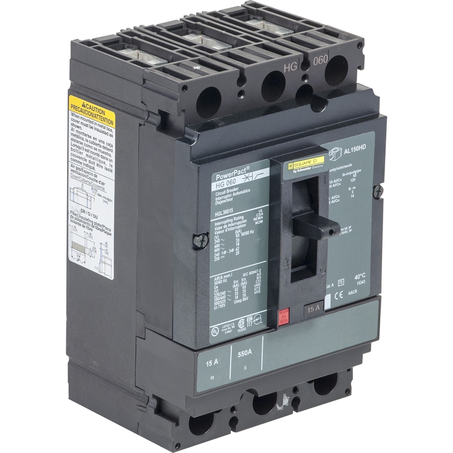 Circuit breaker, PowerPacT H, 150A, 3 pole, 600VAC, 18kA, lugs, thermal magnetic, 80%, shunt