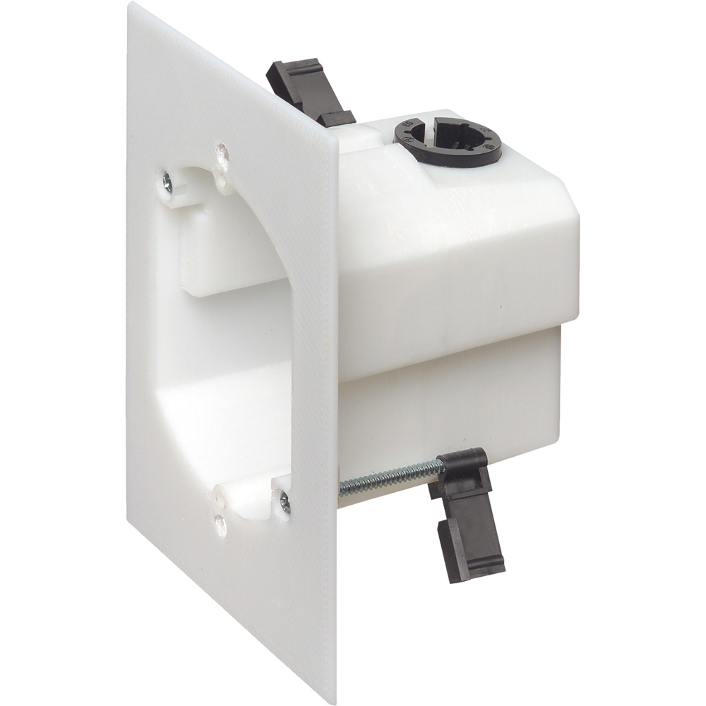 One piece single gang retrofit non-metallic box. installs with a 3-1/2" diameter hole saw. Adjusts to fit 3/4" to 1-1/2" wall thicknesses. 18.0 cu. in. Textured paintable front surface. 2 hour Fire Rating.